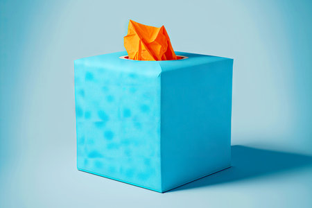 Blue cardboard tissue box with orange napkin on blue backgroundの素材
