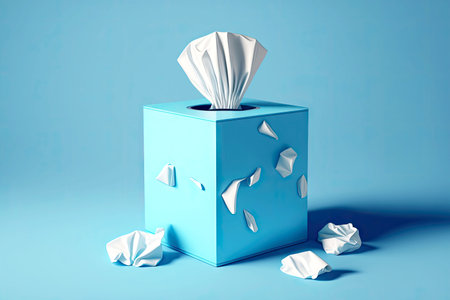 Blue tissue box with white paper pattern on blue backgroundの素材
