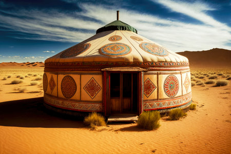 Traditional nomadic yurt in lazy steppe against background of blue skyの素材