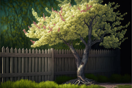 Beautiful park with trees surrounded by wooden fenceの素材