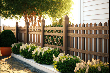 Beautiful wooden fence with decorations and flowers in wooden boxesの素材