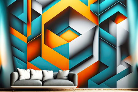 Grey sofa with white cushions against wall with 3D abstract diamonds of various colorsの素材