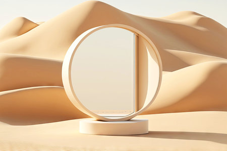3D abstract round disc with cream colored sand dune backgroundの素材