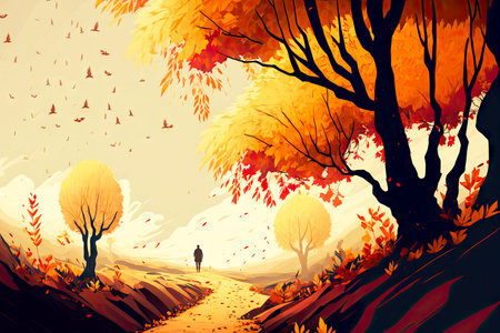 Autumn landscape with autumn leaf fall and misty forestの素材