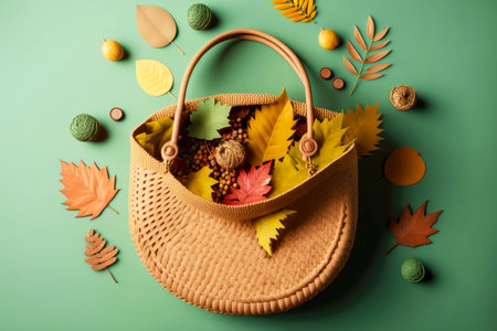 Wicker basket with autumn leaf fall leaves on light green backgroundの素材