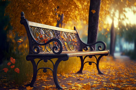Empty garden bench during autumn leaf fallの素材