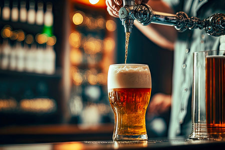 Glass of light beer pouring from beer tap and drop of beer on barの素材