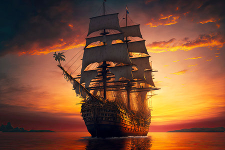 Large wooden boat with straightened sail sails at sunsetの素材