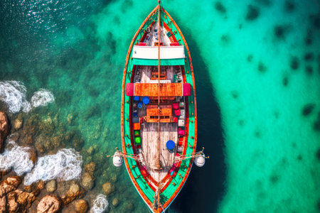 View from above of boat sailing in clear turquoise waterの素材
