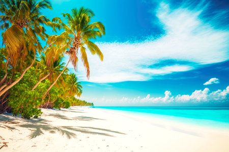 White sandy beach with palm trees in Maldives tropical islandの素材