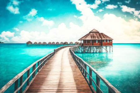 Wooden walkways across sea leading to bungalow complex on Maldives tropical islandの素材