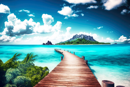 Narrow wooden bridge overlooking sea on Maldives tropical islandの素材