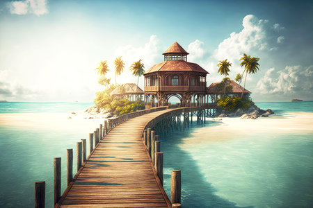 Wooden walkways built on water reaching to wooden gazebo on Maldives tropical islandの素材