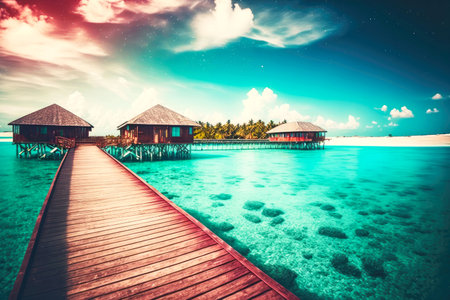 Small island with houses and wooden bridge on Maldives tropical islandの素材