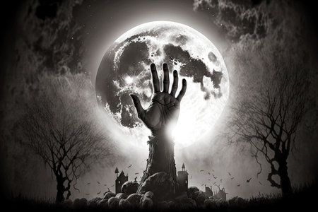 Dirty hands rising out of graves against backdrop of large moon and dark skyの素材