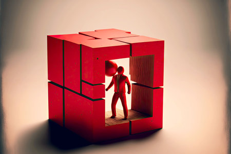 Red cube with broken through wall and human figure insideの素材