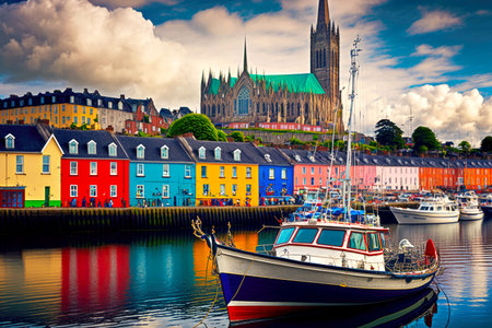 Boat on water against backdrop of beautiful multi-colored city housesの素材