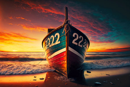 Boat washed ashore against backdrop of setting sunの素材