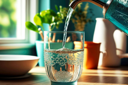 In beautiful little glass flows water from tapの素材