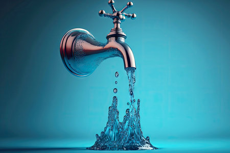 From tap suspended in air, water flows onto blue surfaceの素材