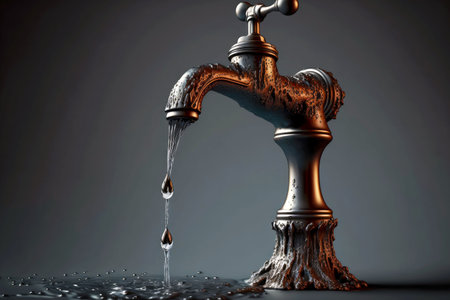 From beautiful fogged tap in gray countertop flows water in large dropsの素材