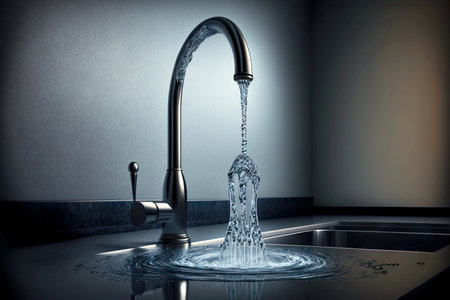 Water flows from high kitchen tap to countertopの素材