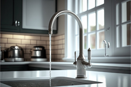 From beautiful modern tap flows water into sink in bright kitchenの素材