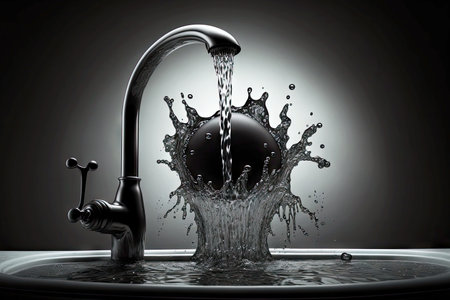 Water flows into sink with falling black ball from hogged tapの素材