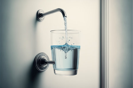 Water flows from tap in wall with stand for glassの素材