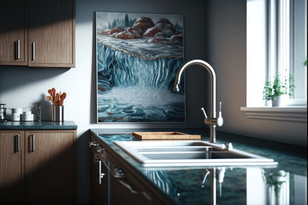 Water flows from tap in beautiful cozy kitchenの素材