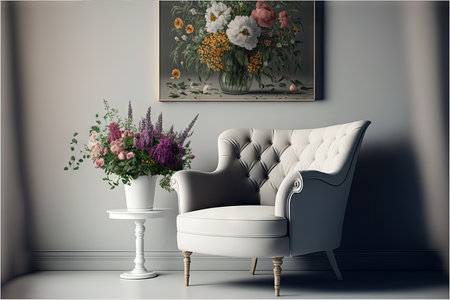 White chair next to bedside table with bouquet of flowers on background of wedding hall paintingの素材