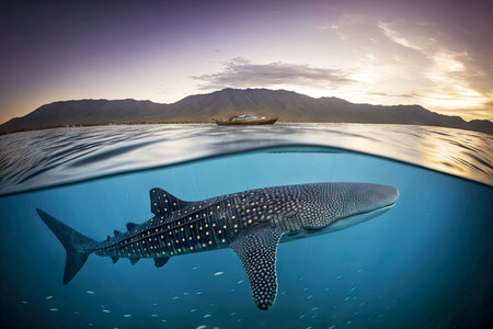 Whale shark in ocean under water over which ship floatsの素材