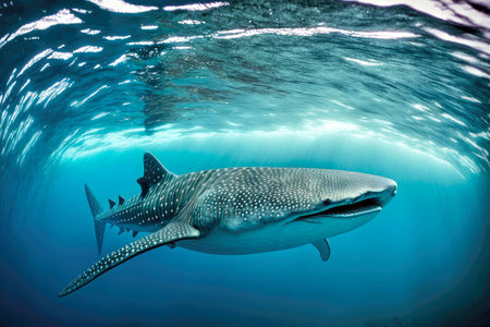 Whale shark swims underwater in middle of oceanの素材