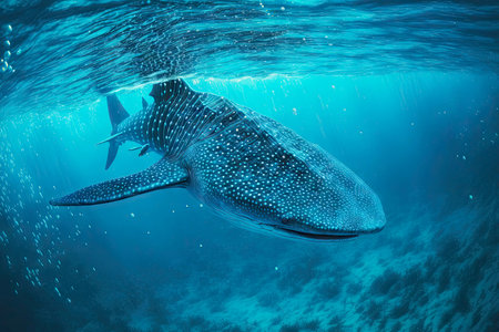 Whale shark with big teeth looking for prey in oceanの素材