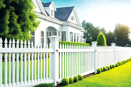 White picket fence large white house with grey roofの素材