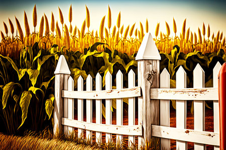 A white picket fence made of wood surrounds large cornfieldの素材