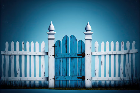 White faded from time to time white picket fence with blue wicket on blue backgroundの素材