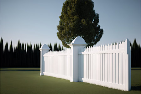Behind white fence made of wooden picket fence stands tall green treeの素材