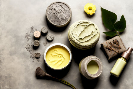 Natural cosmetics with clay spa products flatlay on gray backgroundの素材