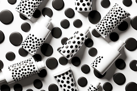 Black and white bottles with cosmetics with black dots spa products flatlayの素材
