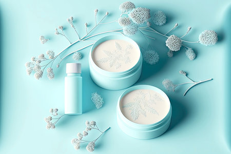 Gentle skin care powder and cream on blue background spa products flatlayの素材