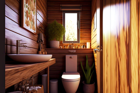 Home interior with wooden walls in eco style toilet bowlの素材