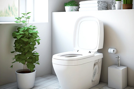 Hygiene in closet white toilet bowl in sterile interior with green plantsの素材