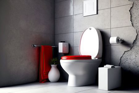 White porcelain toilet bowl with red seat against grey wallの素材