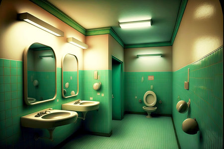 Spacious large public restroom in cafe toilet bowlの素材