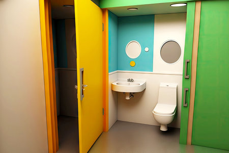 Geometric multi-coloured restroom with washbasin and toilet bowlの素材