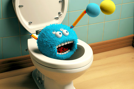 Blue fluffy round monster crawling out of toilet bowlの素材