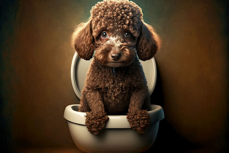 Brown curly poodle sitting in toilet bowlの素材