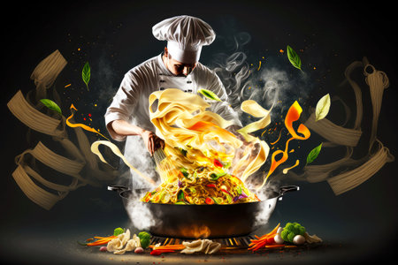 Cook in white cap prepares dish with tagliatelle in large frying panの写真素材