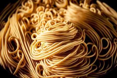 Long twisted homemade tagliatelle cooked by chef close-upの写真素材